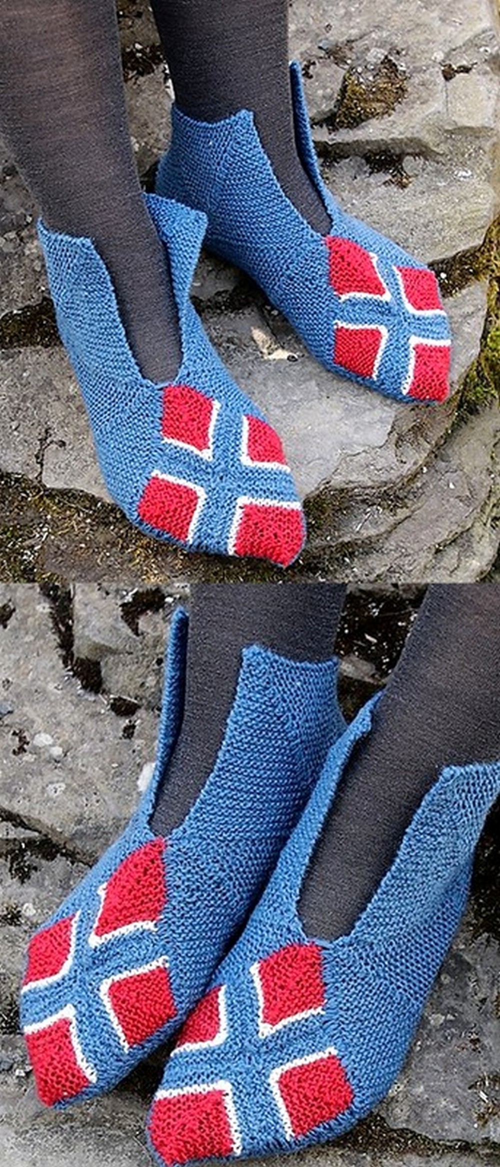 Knitted slippers with flag and domino squares in Fable