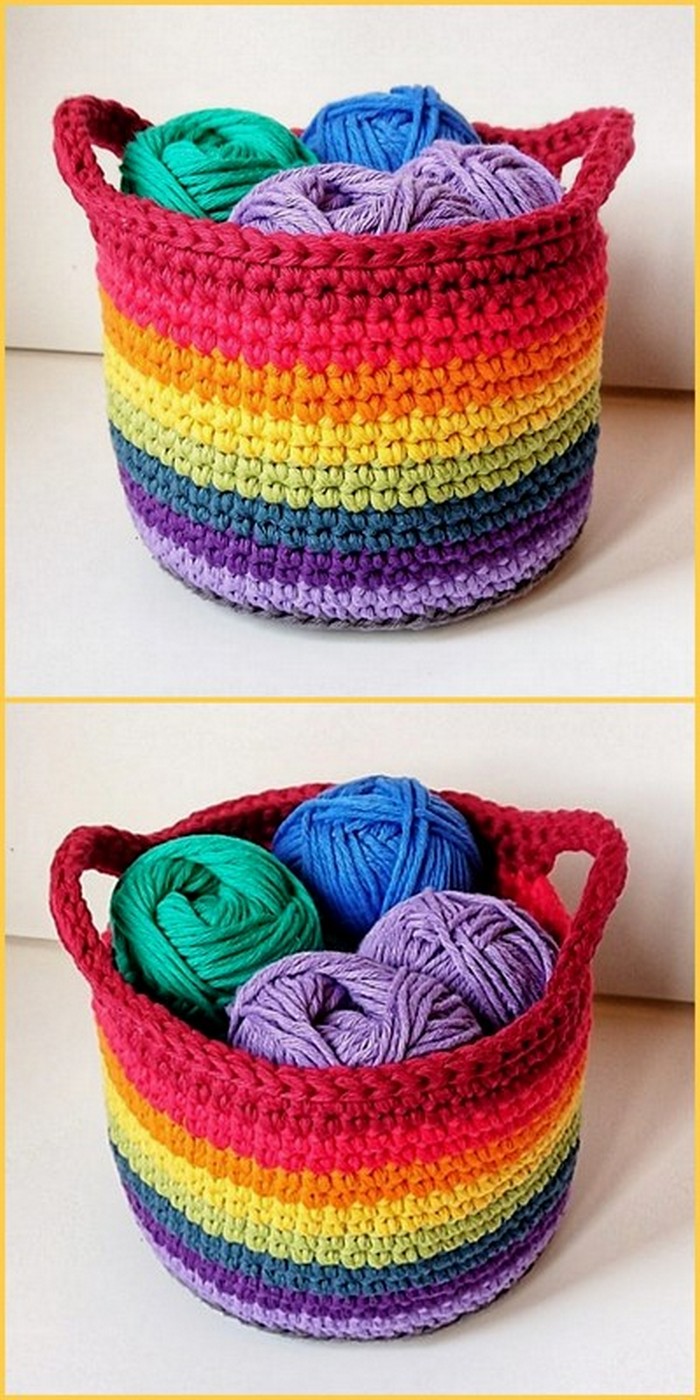 rainbow crochet basket with yarns